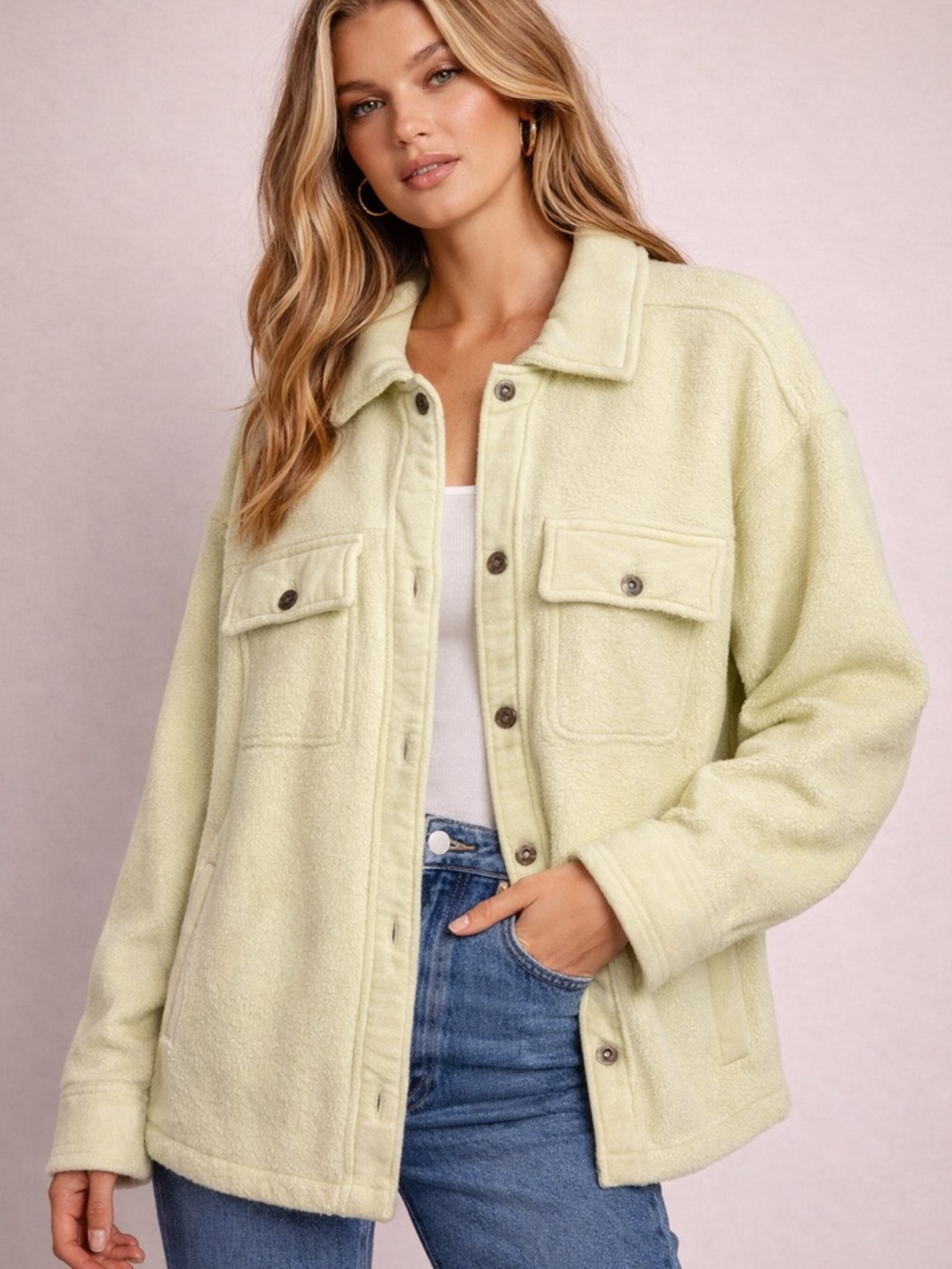 Free People Light Green Teddy Sherpa Jacket